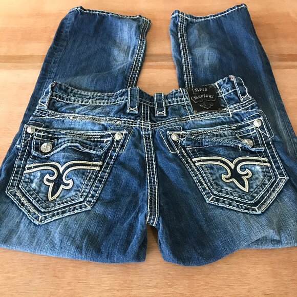 Rock Revival Jasper Bootcut Jean Men 34x28 Blue Mid Rise Distressed Thick Stitch - Picture 1 of 14